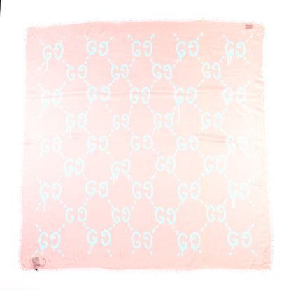 Gucci Modal Silk GG Writers Fringe Shawl Old Rose Sky Blue 1 of 4
