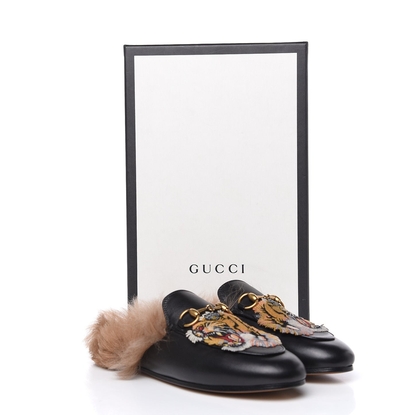 Calfskin Fur Tiger Embroidered Womens Princetown Slippers 34.5 Black