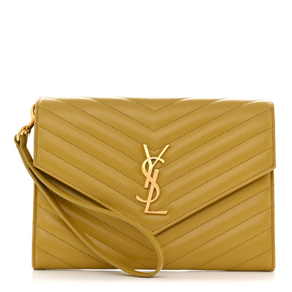 Saint Laurent Grain De Poudre Matelasse Chevron Monogram Envelope Clutch Mustard 1 of 8