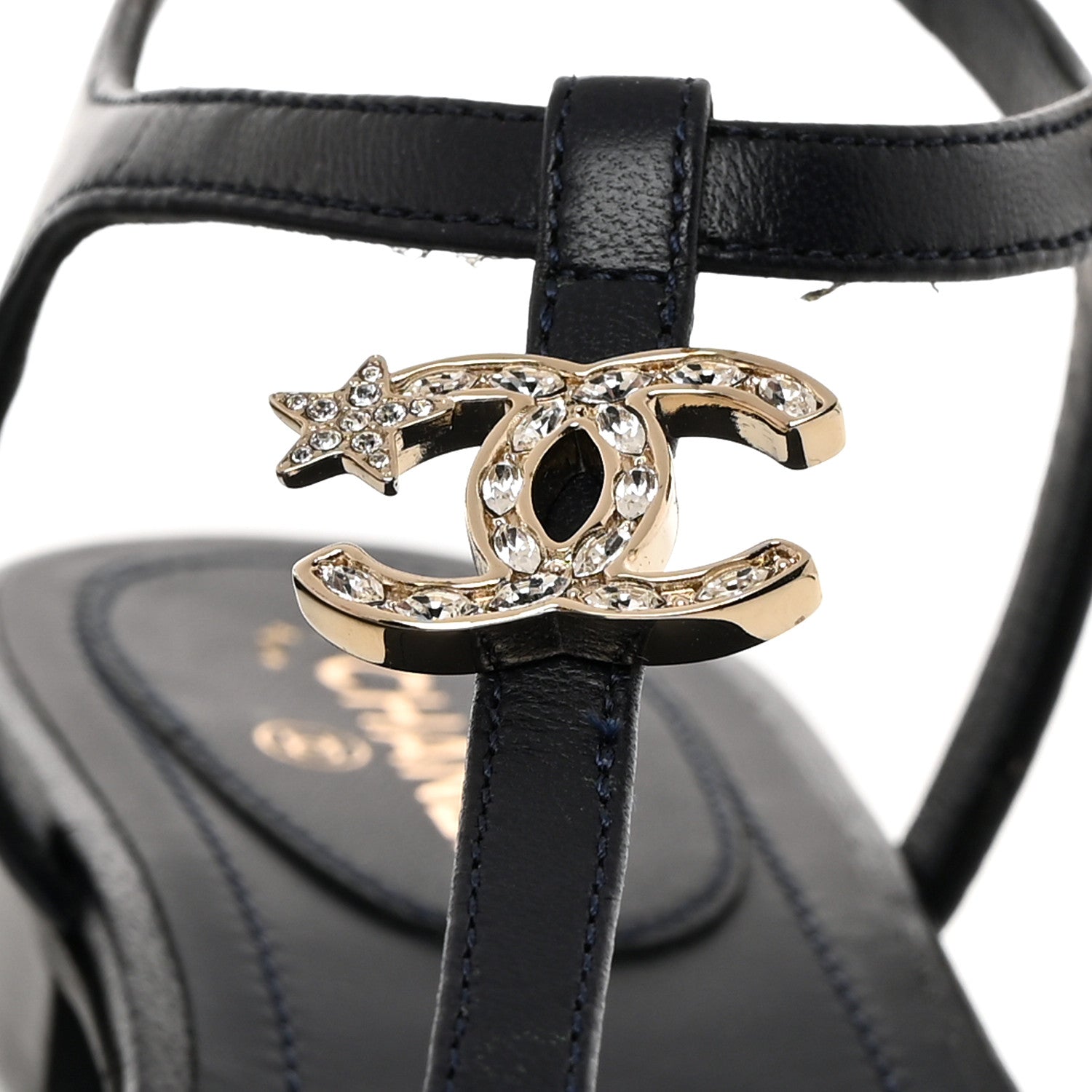 Chanel Lambskin Crystal CC Thong Sandals 37 Navy Blue 5 of 9