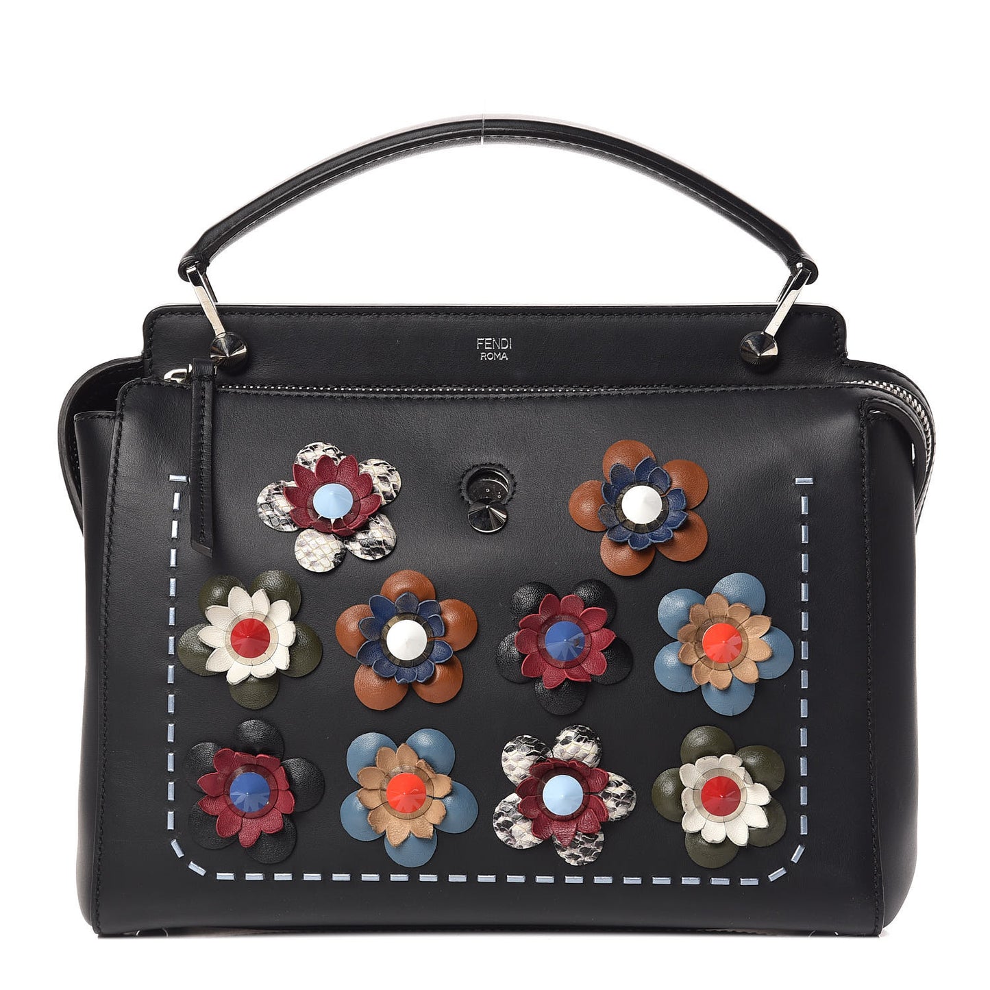 Calfskin Flowerland Medium Dotcom Satchel Black Multicolor