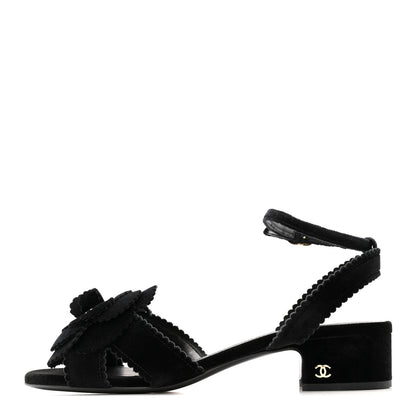Chanel Velvet Pearl Camellia Sandals 37.5 Black 1 of 10