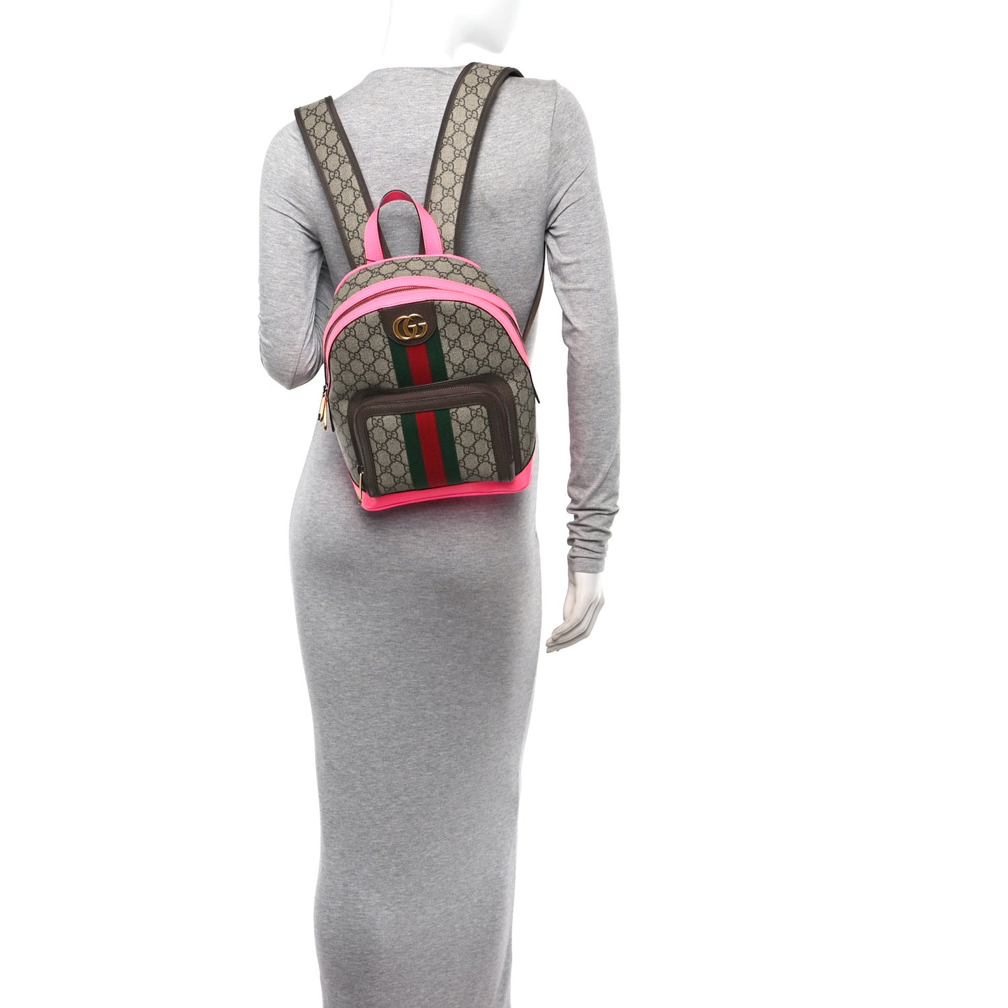 GG Supreme Monogram Textured Dollar Calfskin Web Small Ophidia Day Backpack Beige Ebony Fluorescent Fuchsia