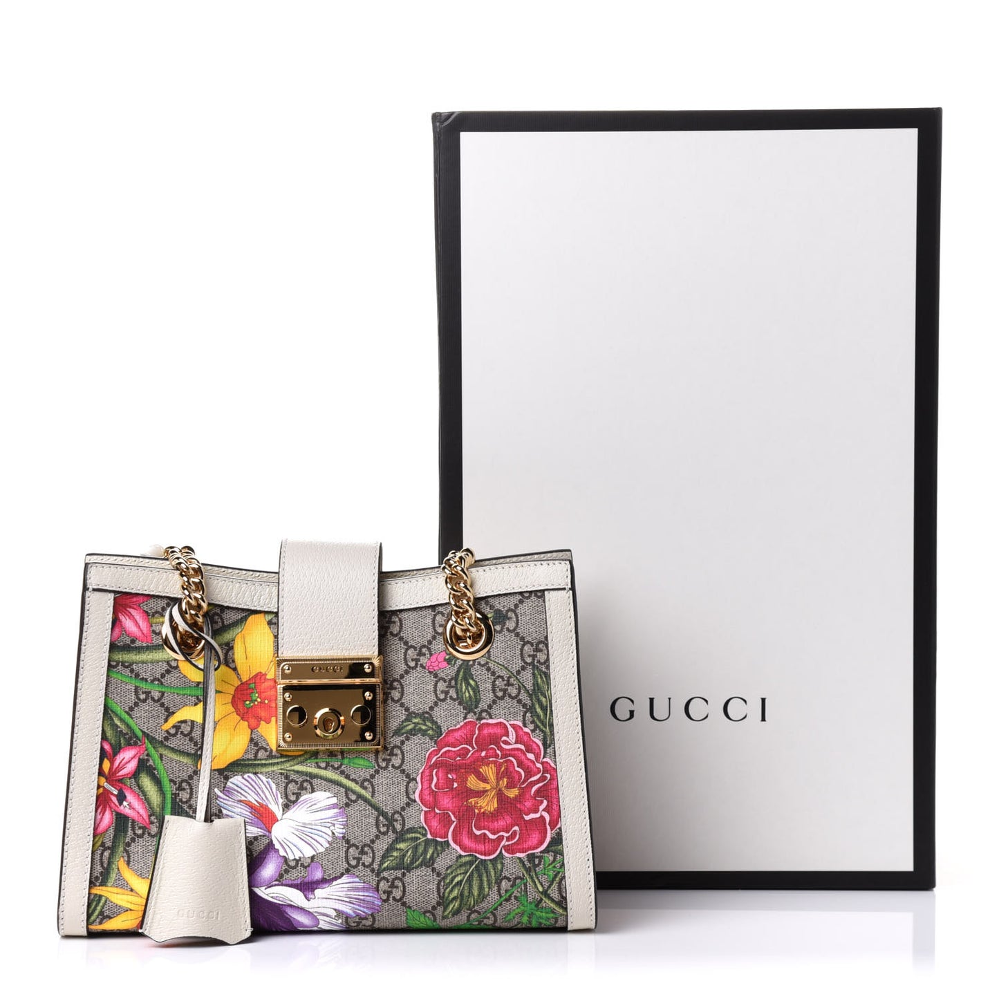GG Supreme Monogram Flora Textured Calfskin Small Padlock Tote Beige Ebony Multicolor Mystic White