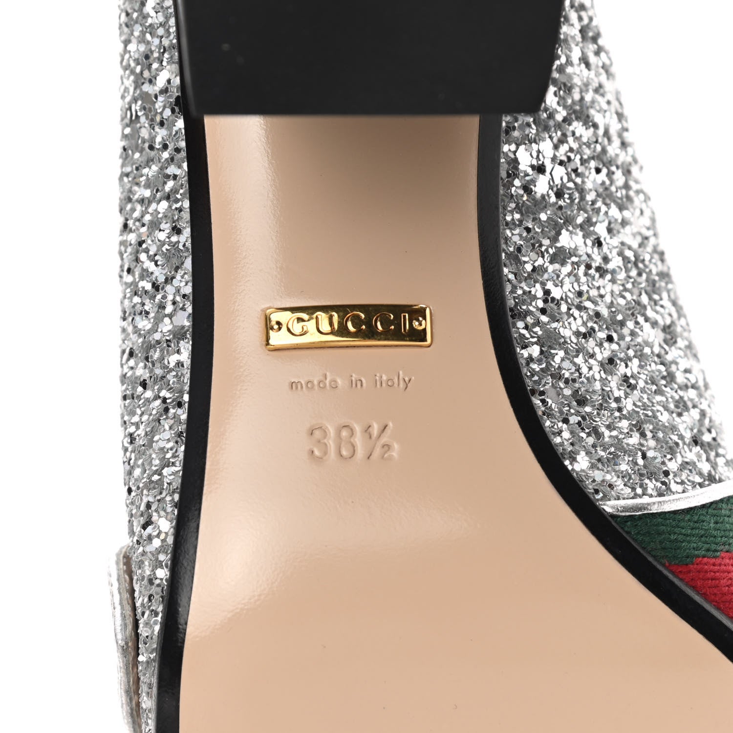 Gucci Glitter Nappa Web Peyton 75mm Loafer Pumps 38.5 Argento 7 of 9