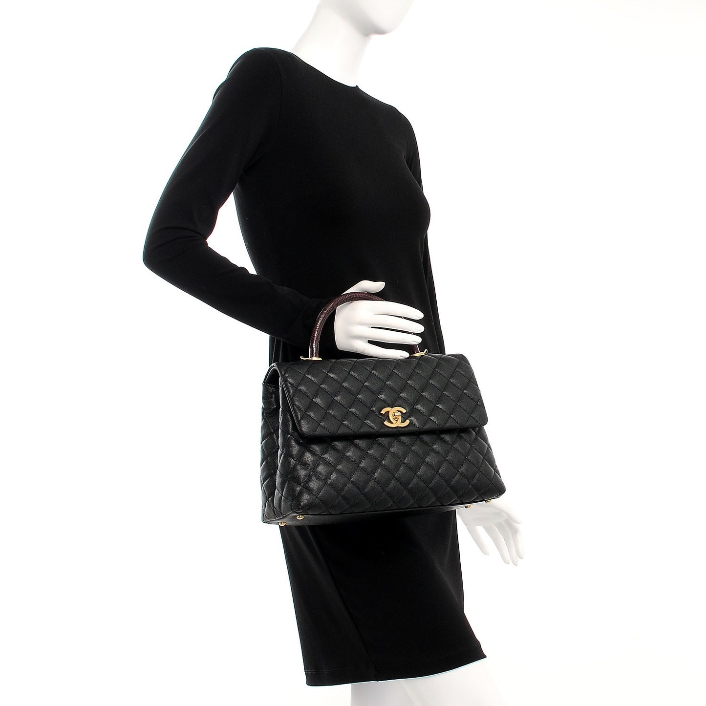 Caviar Lizard Quilted Medium Coco Handle Flap Black