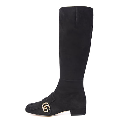 Gucci Kid Scamosciato GG Marmont Fringe Knee High Boots 37.5 Black 1 of 7