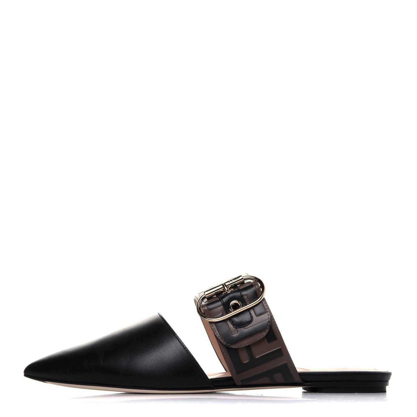 Vitello FF Embossed Buckle Flat Mules 36.5 Maya Black