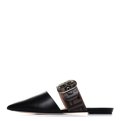 Fendi Vitello FF Embossed Buckle Flat Mules 36.5 Maya Black 1 of 13