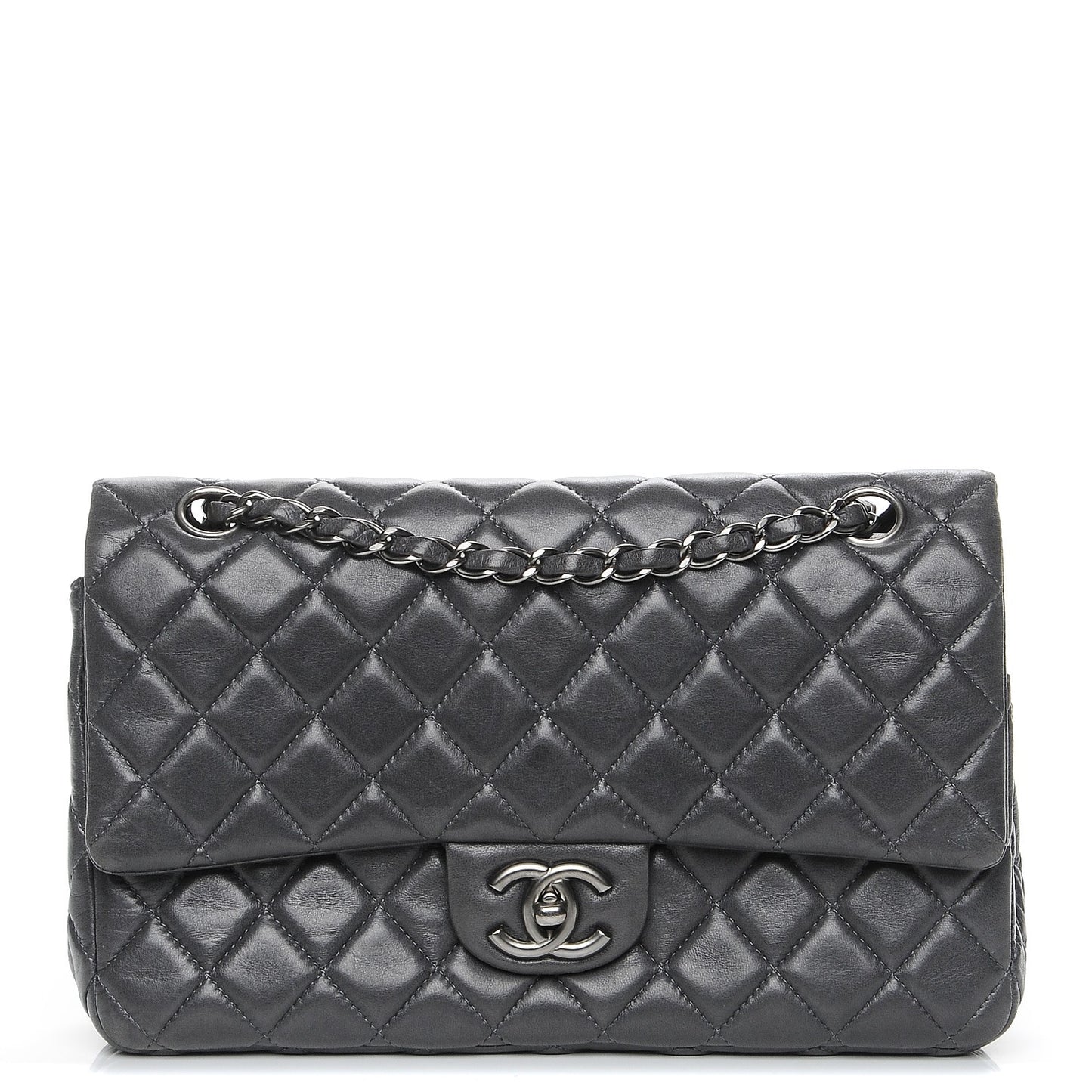 Lambskin Medium Quilted Double Flap Dark Grey