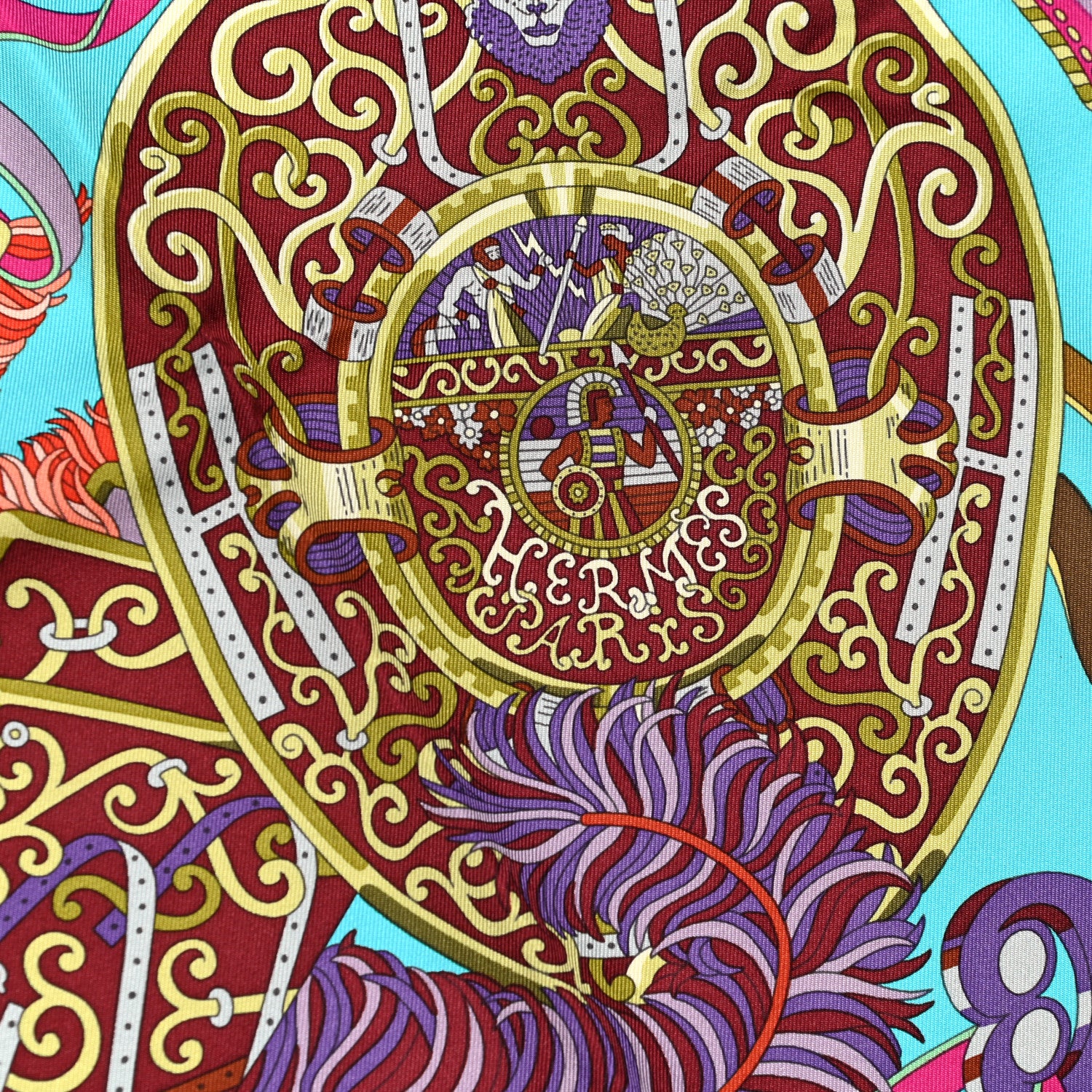 Hermes Silk Sous L Egide De Mars Scarf 90 Turquoise Prune Corail 2 of 5