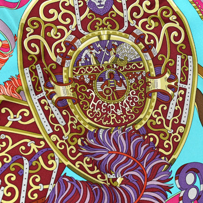 Hermes Silk Sous L Egide De Mars Scarf 90 Turquoise Prune Corail 2 of 5
