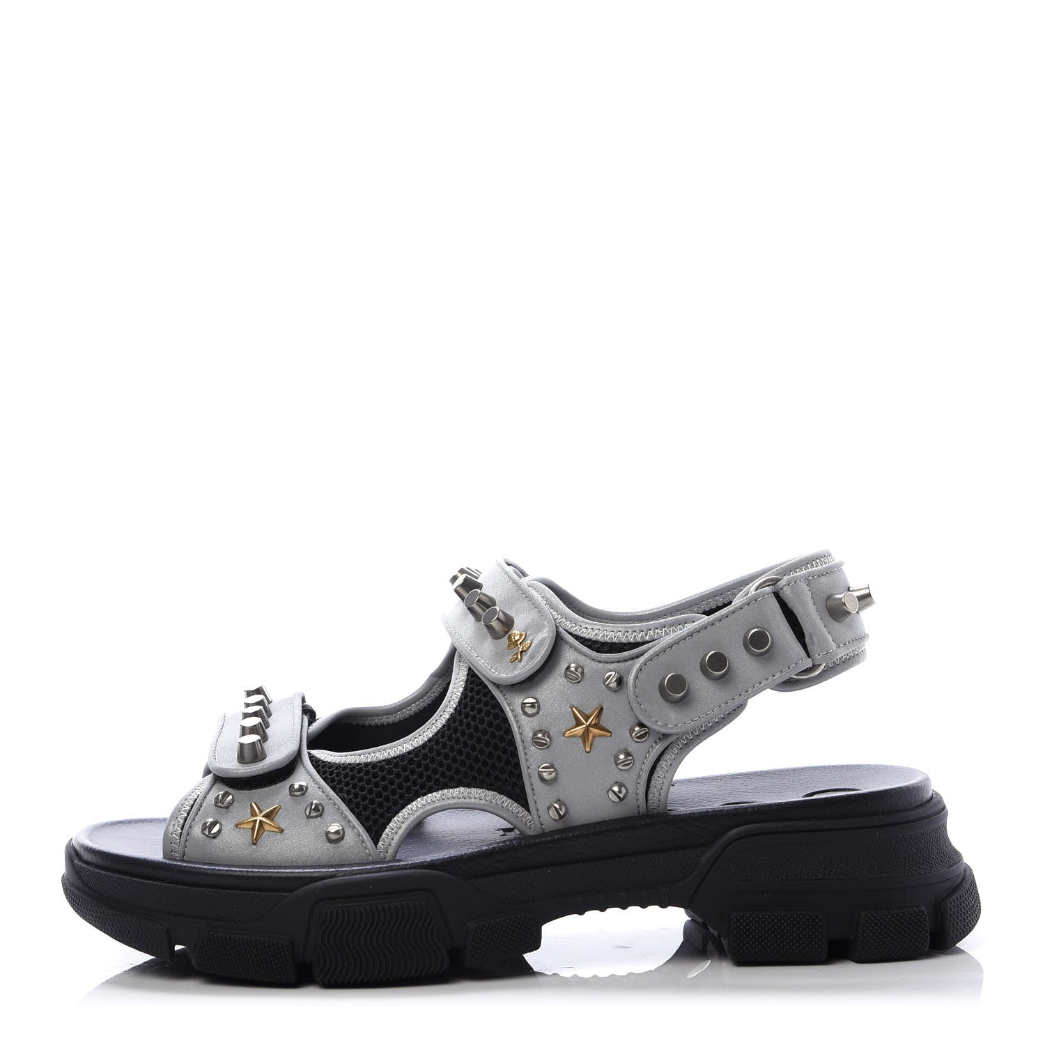 Gucci Technical Canvas Calfskin Reflective Studded Mens Aguru Sandals 9 Silver Black 1 of 8