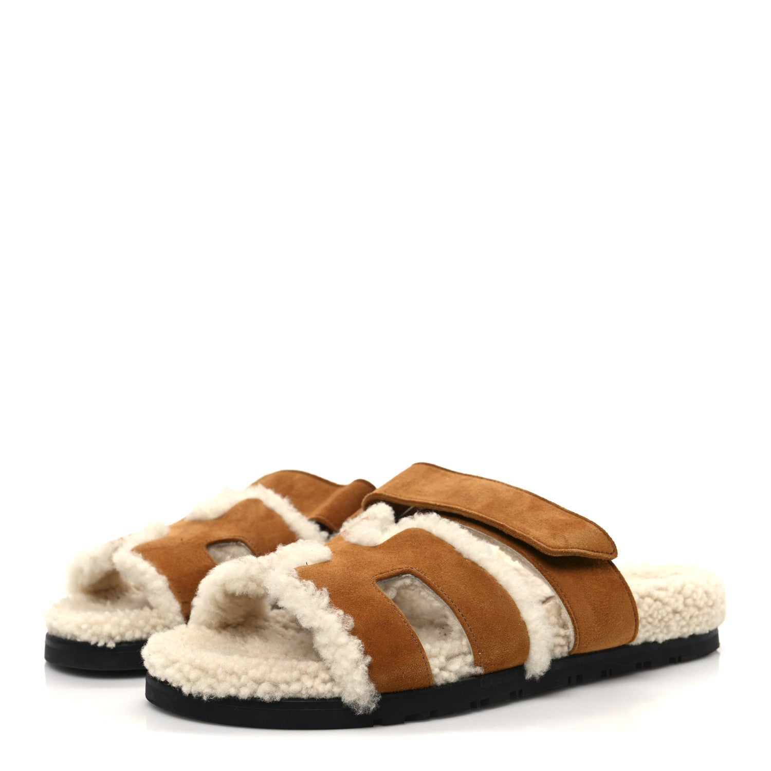 Hermes Suede Goatskin Woolskin Womens Chypre Sandals 37 Brun Fume Ecru 4 of 10