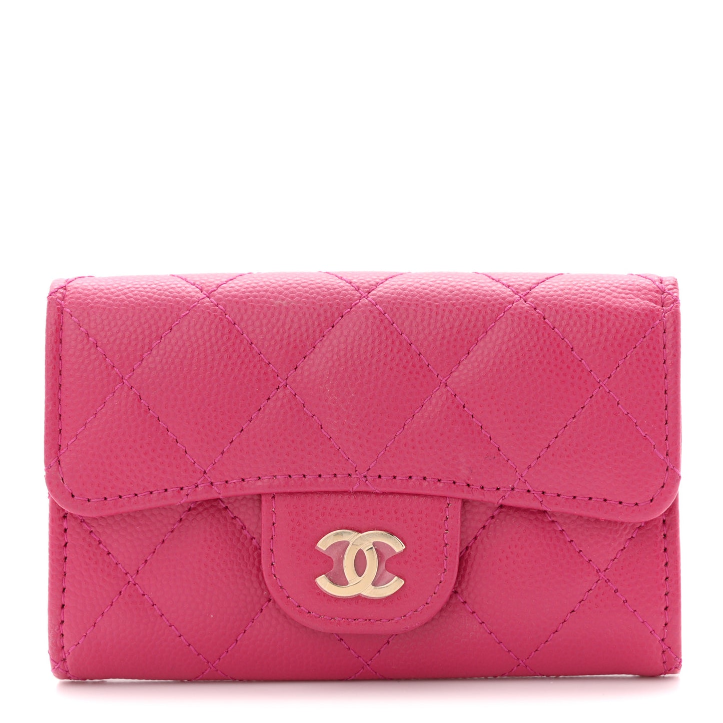 Caviar Quilted Flap Card Holder Wallet Dark Pink