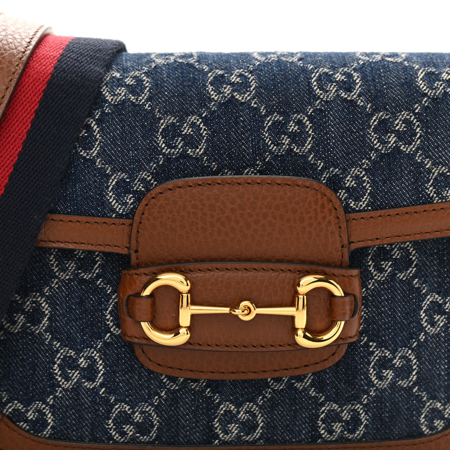 New Denim GG Monogram Dollar Calfskin Web Mini Horsebit 1955 Shoulder Bag Blue Tea Cuir Epilog