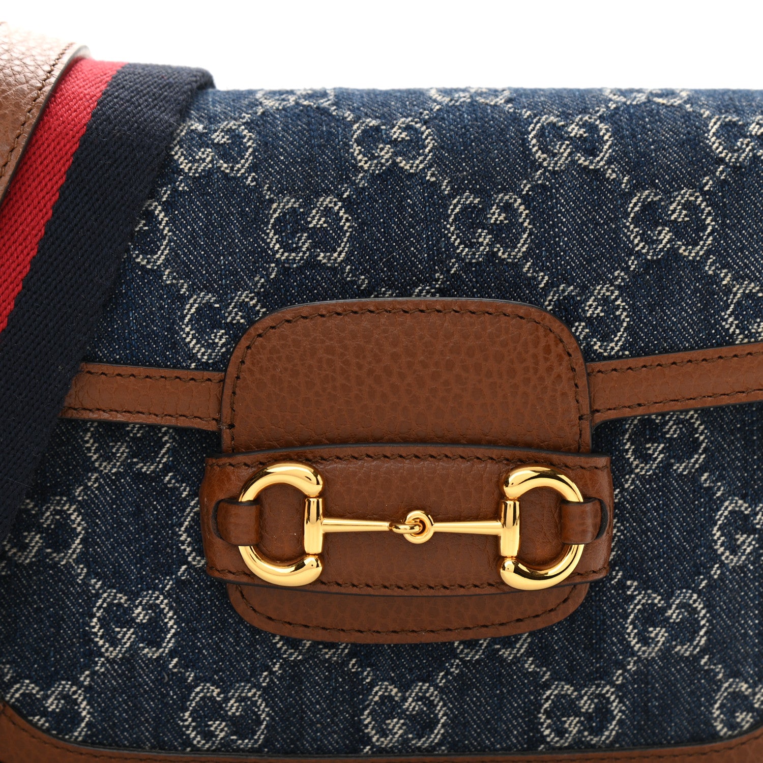 Gucci New Denim GG Monogram Dollar Calfskin Web Mini Horsebit 1955 Shoulder Bag Blue Tea Cuir Epilog 8 of 10