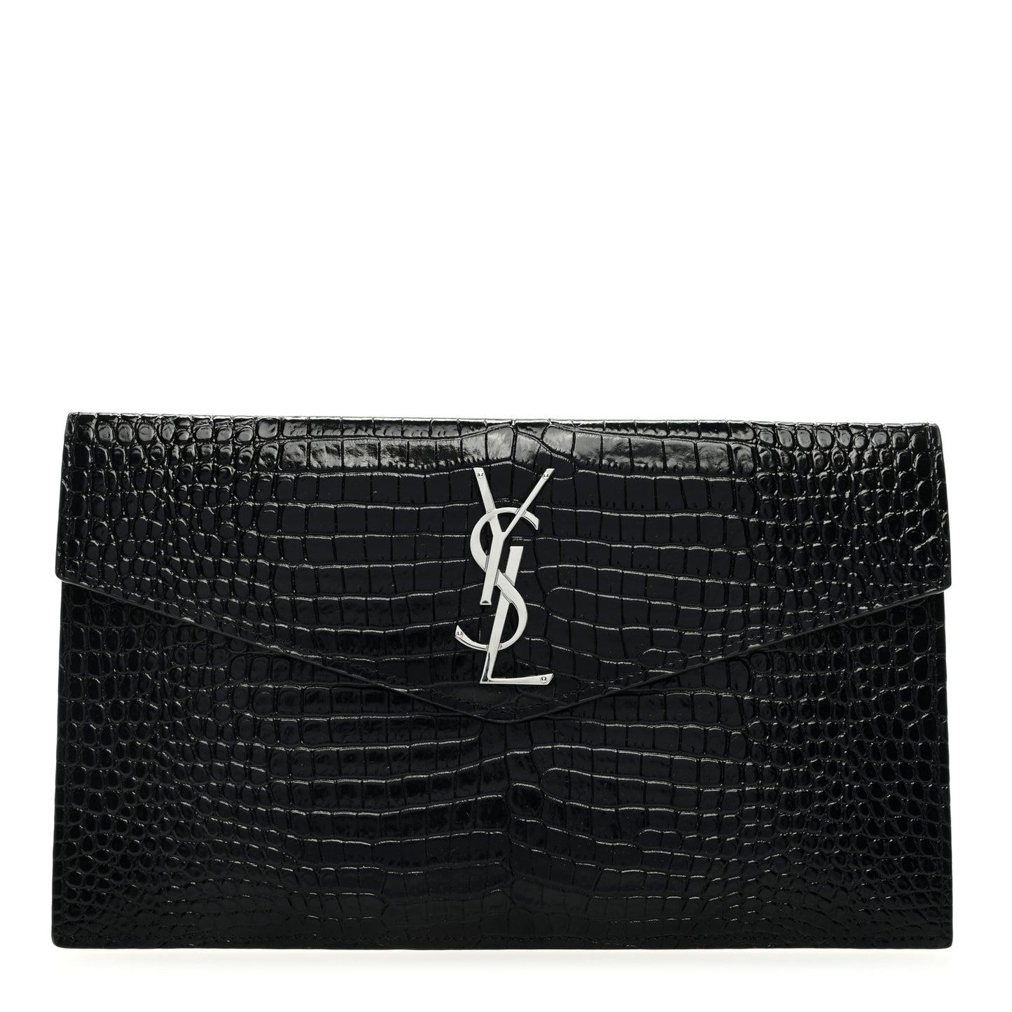 Calfskin Crocodile Embossed Uptown Monogram Clutch Black