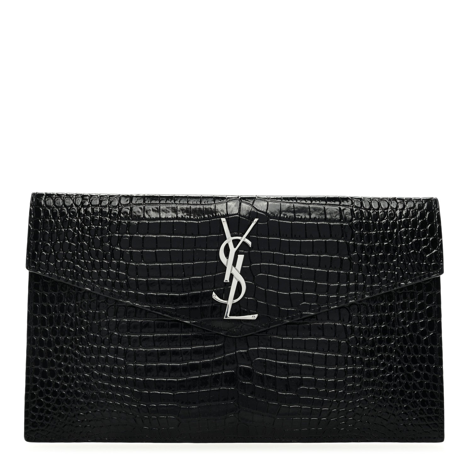 Saint Laurent Calfskin Crocodile Embossed Uptown Monogram Clutch Black 1 of 6