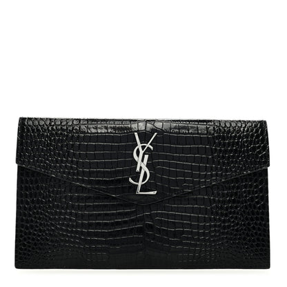 Saint Laurent Calfskin Crocodile Embossed Uptown Monogram Clutch Black 1 of 6