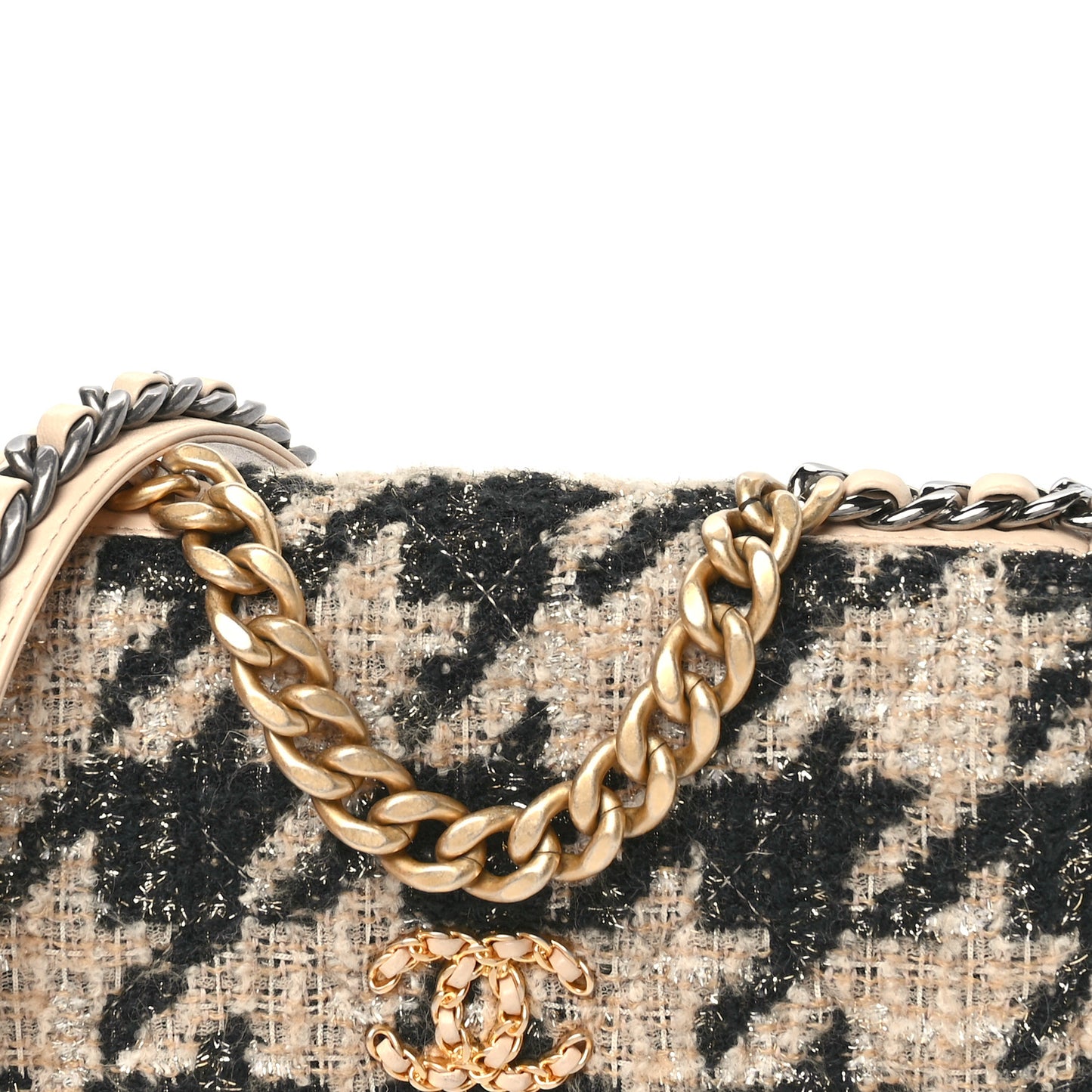 Wool Tweed Lambskin Quilted Chanel 19 Wallet On Chain WOC  Beige Black