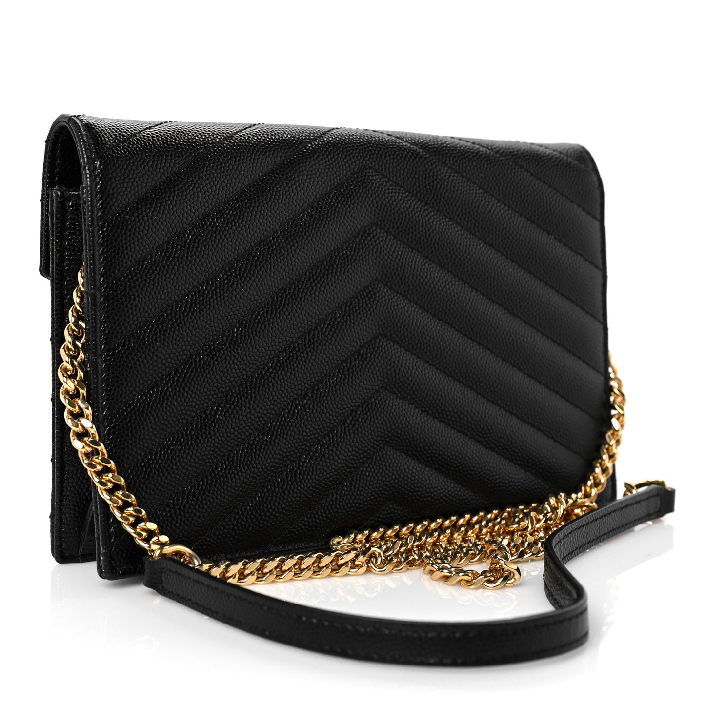 Grain De Poudre Matelasse Chevron Monogram Envelope Chain Wallet Black