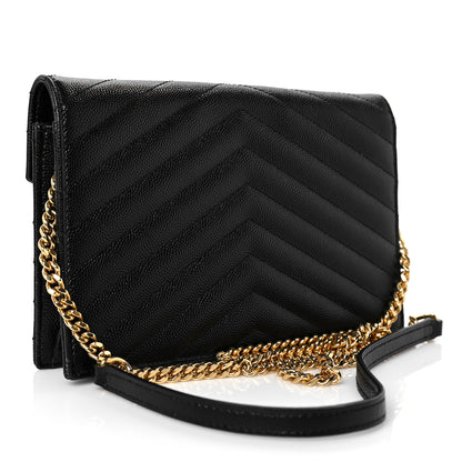 Saint Laurent Grain De Poudre Matelasse Chevron Monogram Envelope Chain Wallet Black 2 of 8