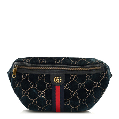 Gucci Velvet GG Monogram Web Belt Bag Blue Beige 1 of 9