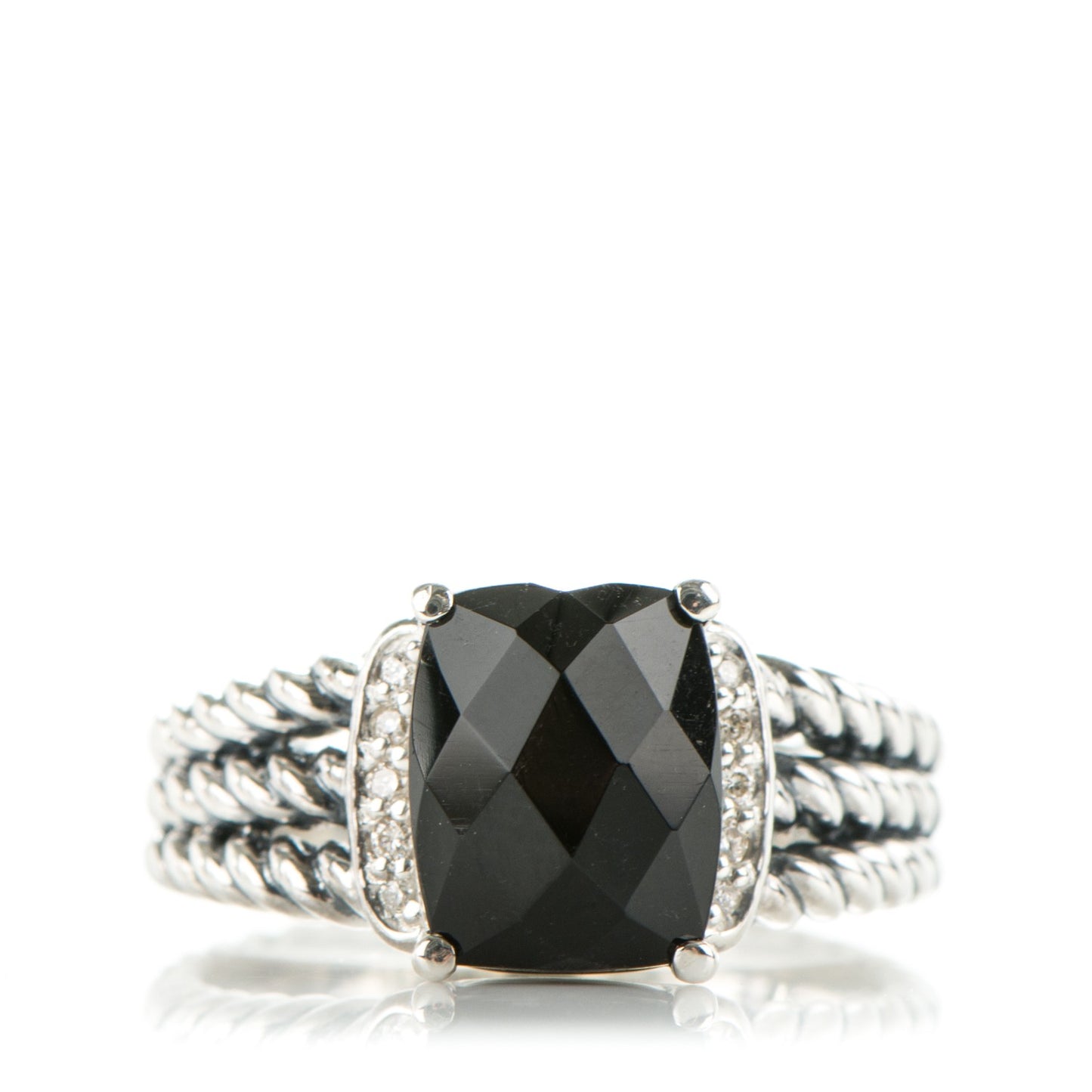 Sterling Silver Black Onyx Pave Diamond 10mm Petite Wheaton Ring 7.75