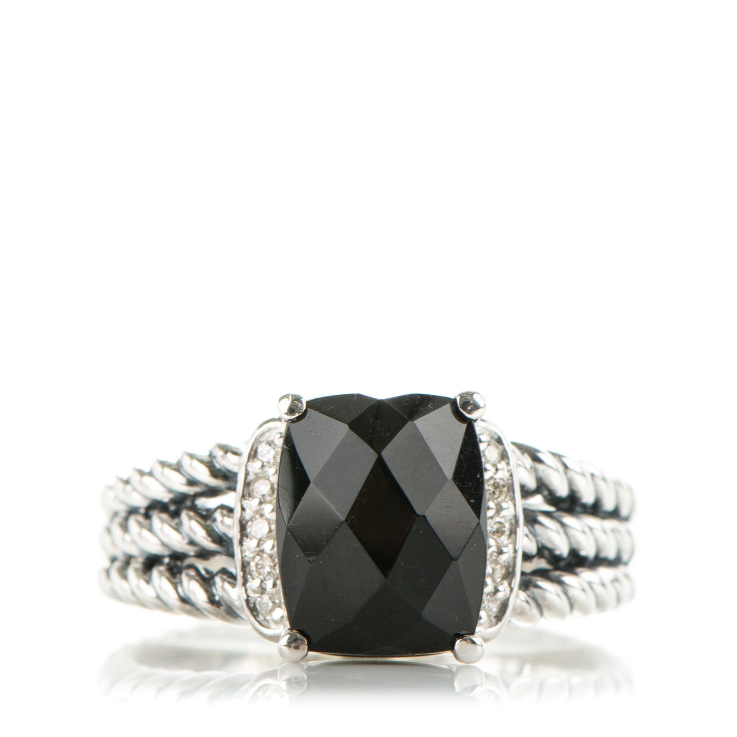 David Yurman Sterling Silver Black Onyx Pave Diamond 10mm Petite Wheaton Ring 7.75 1 of 5