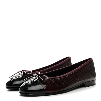 Chanel Patent Calfskin Crocodile Embossed Ballerina Flats 37.5 Dark Burgundy Black 4 of 10