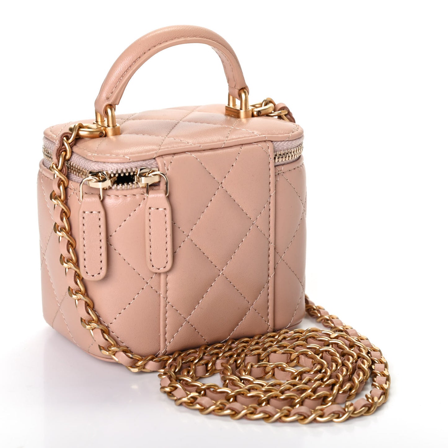 Lambskin Quilted Top Handle Mini Vanity Case With Chain Beige