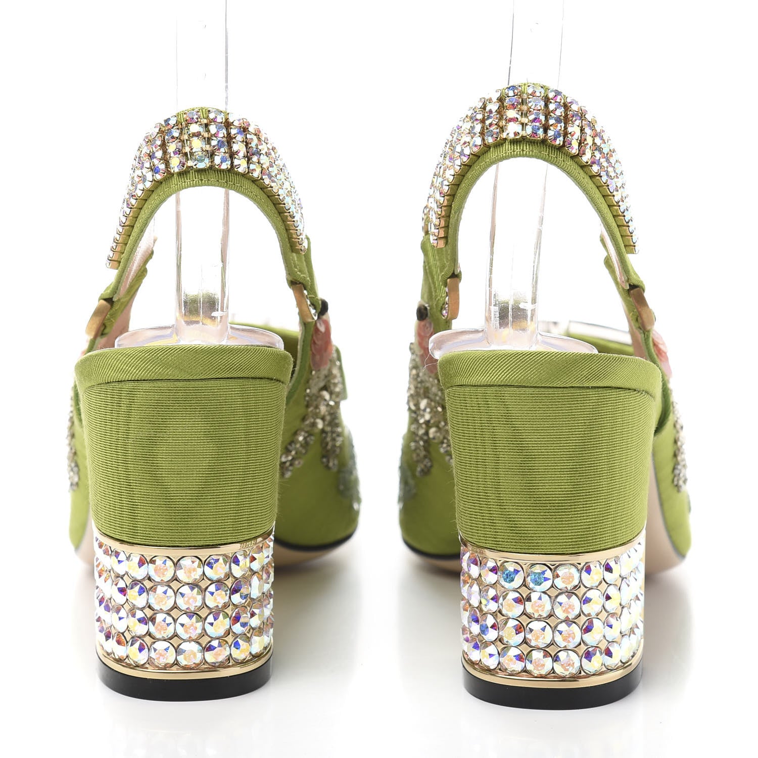 Gucci Moire Fabric Eyes Crystal Square G Madelyn Slingbacks 37 Lemon Leaf 5 of 10