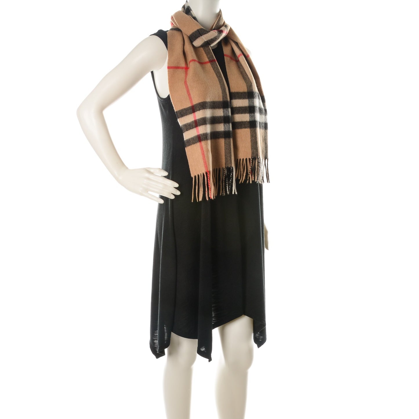 Cashmere Giant Heritage Check Fringe Scarf Camel