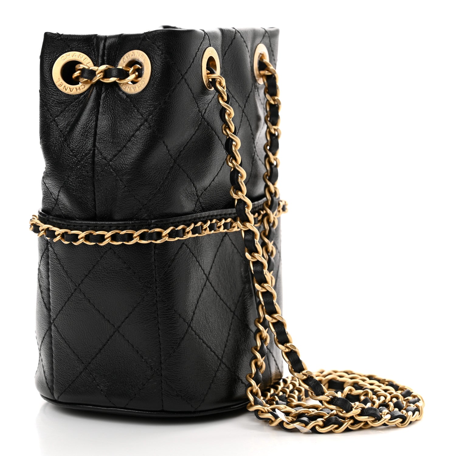 Chanel Shiny Lambskin Quilted Chain Around Drawstring Bucket Clutch With Chain Black 4 of 12
