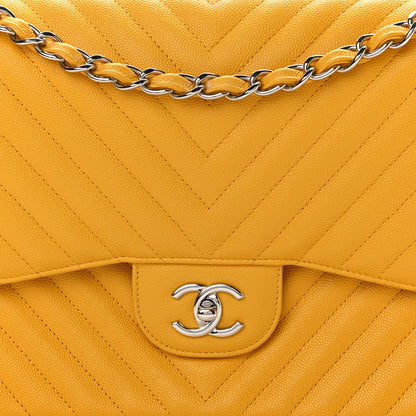Chanel Caviar Chevron Quilted Jumbo Double Flap Yellow 8 of 11