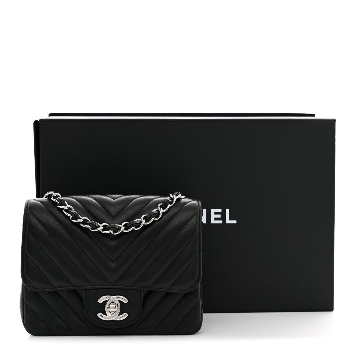 Lambskin Chevron Quilted Mini Square Flap Black
