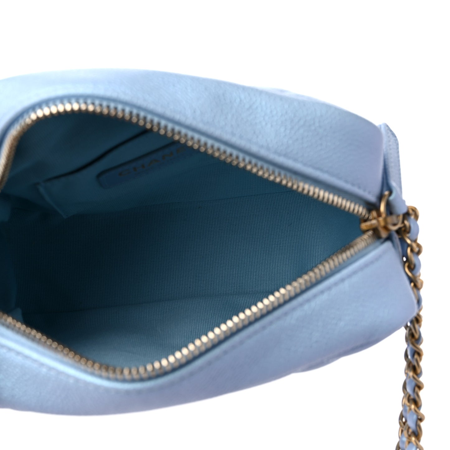 Iridescent Caviar Quilted Mini My Perfect Camera Case Light Blue