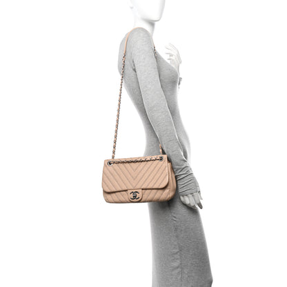 Chanel Calfskin Studded Chevron Quilted Medium Wars Flap Beige 2 of 14