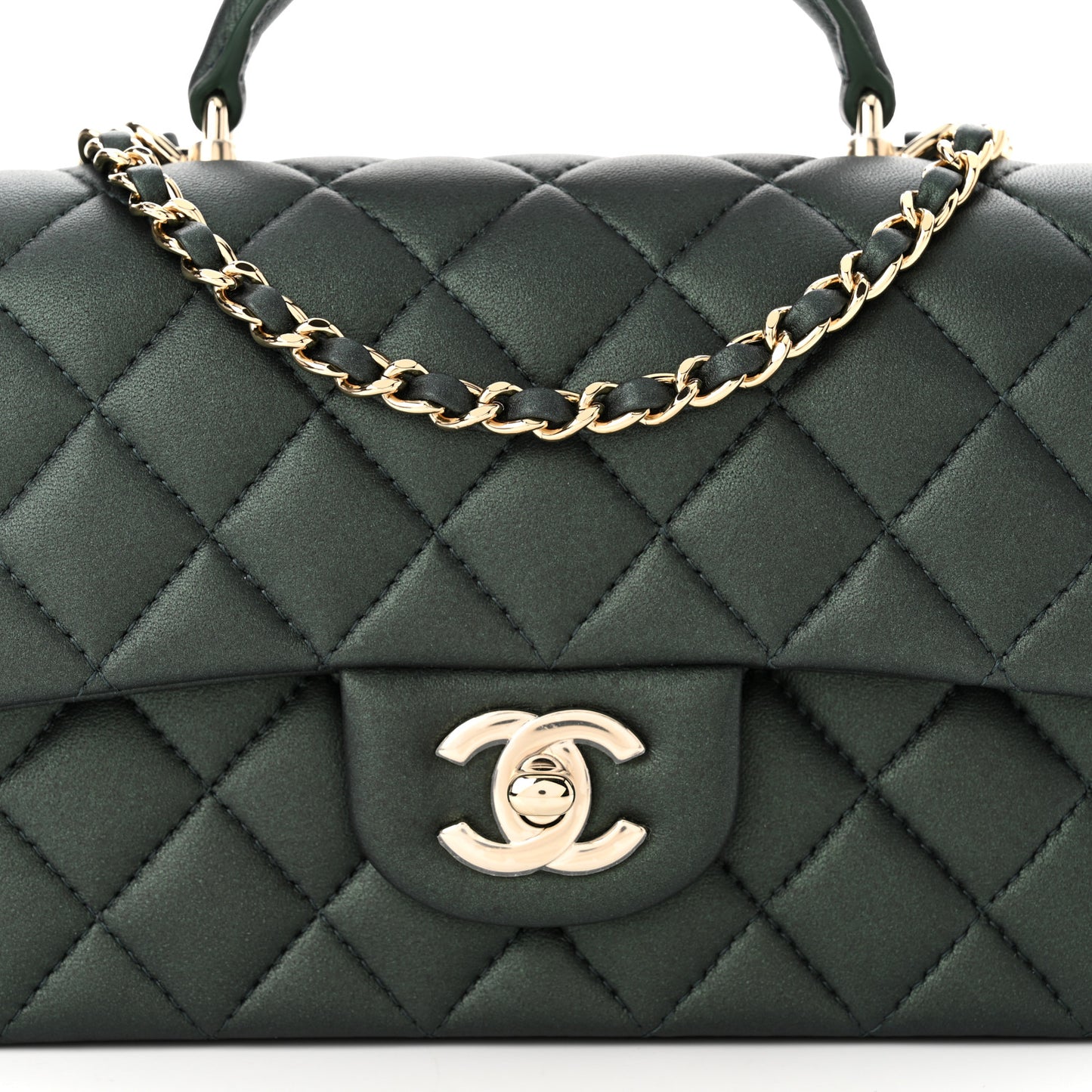 Iridescent Lambskin Quilted Mini Top Handle Rectangular Flap Dark Green