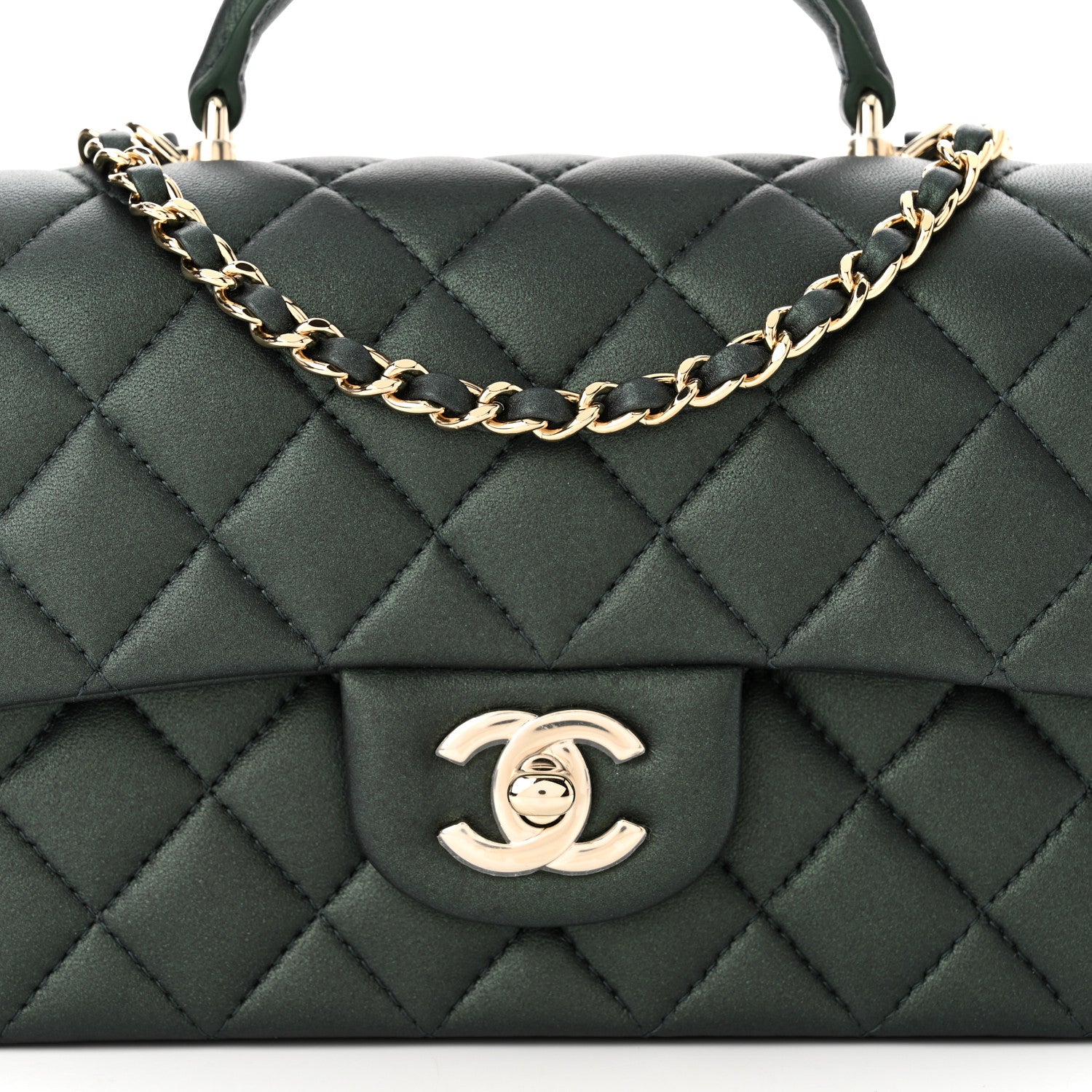 Chanel Iridescent Lambskin Quilted Mini Top Handle Rectangular Flap Dark Green 8 of 11
