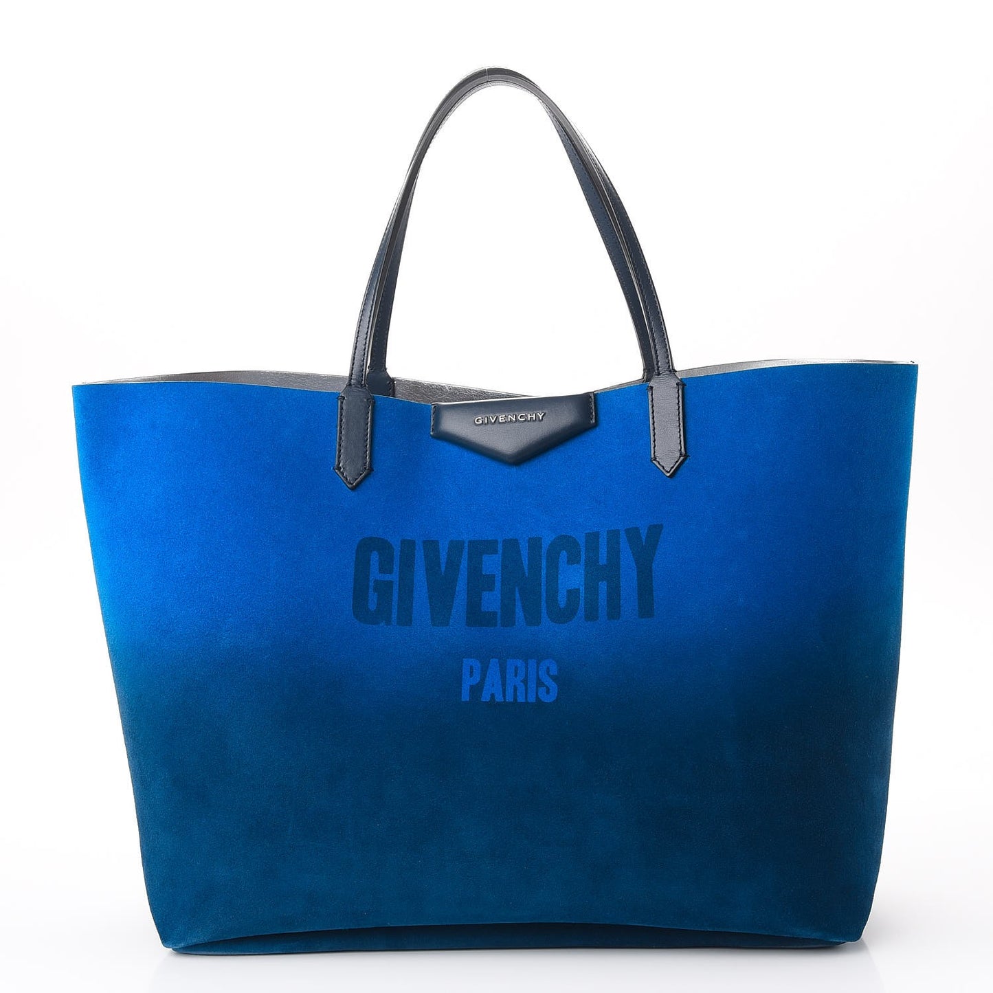 Metallic Calfskin Suede Ombre Large Reversible Antigona Tote Blue Silver