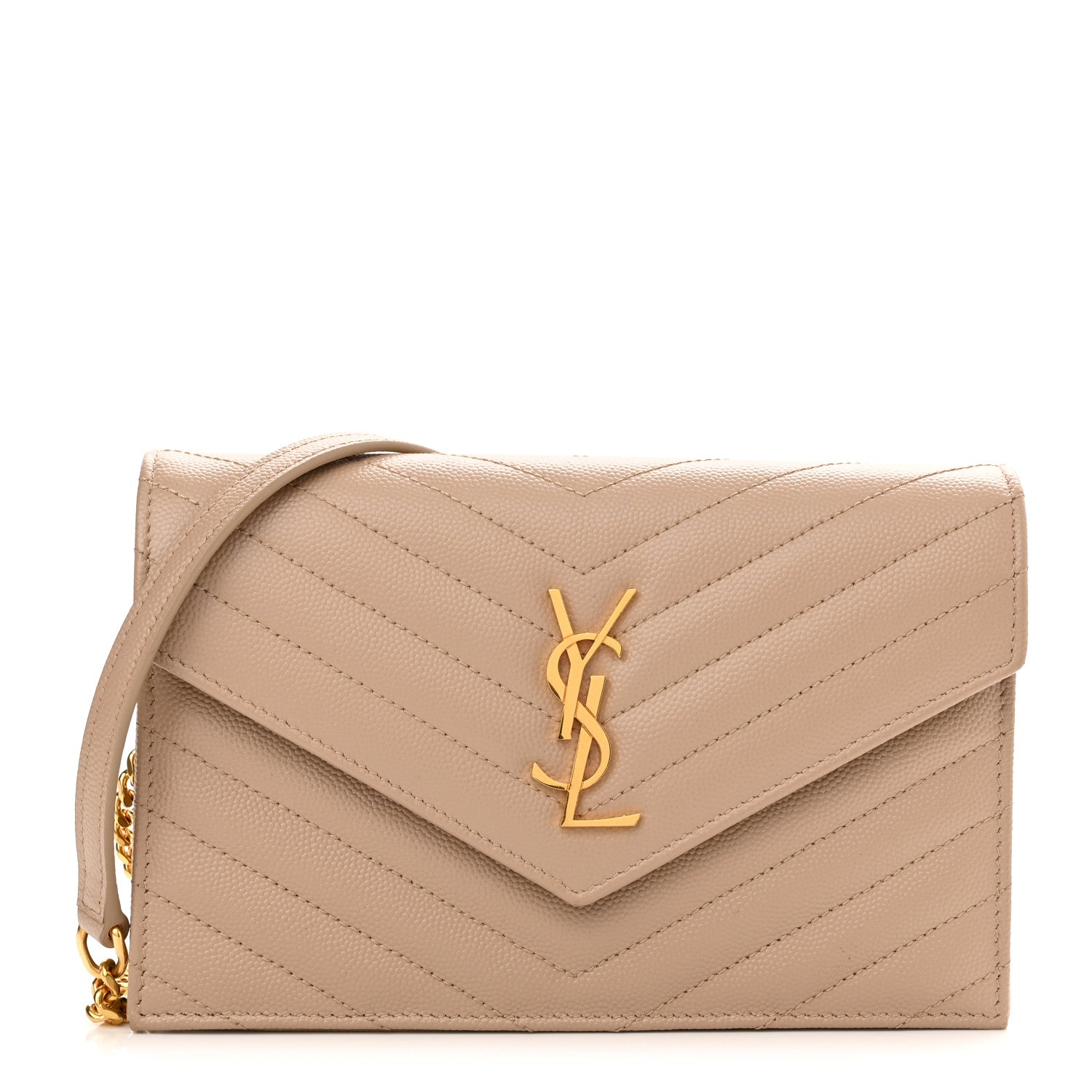 Saint Laurent Grain De Poudre Matelasse Chevron Monogram Envelope Chain Wallet Dark Beige 1 of 11