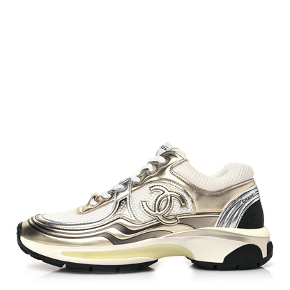 Chanel Fabric Laminated Calfskin Stretch CC Sneakers 38 White Gold Silver 1 of 9