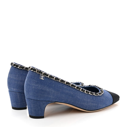 Chanel Denim Grosgrain Chain Cap Toe Pumps 38 Blue Black 4 of 10
