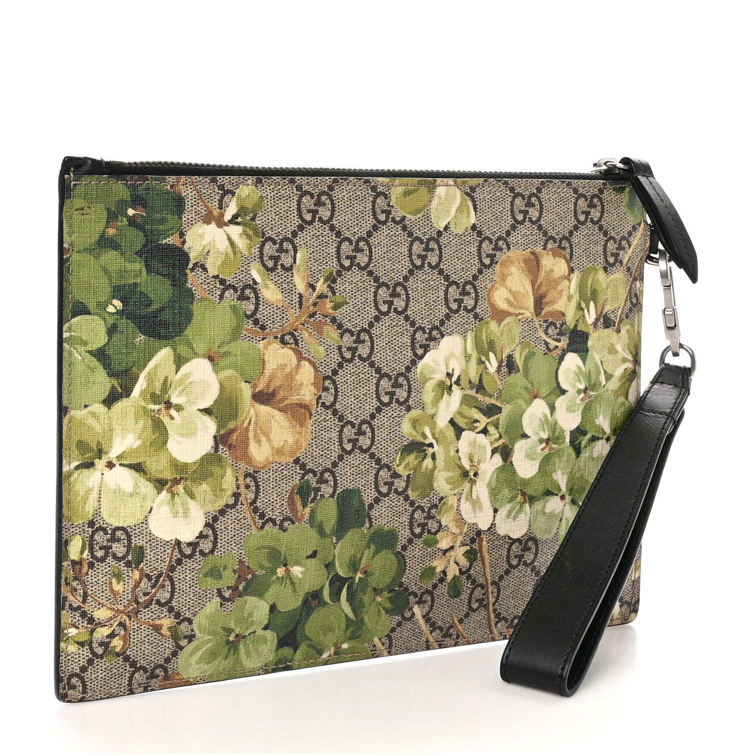 Gucci GG Supreme Monogram Blooms Small Zip Wristlet Pouch Beige New Military Black 3 of 8