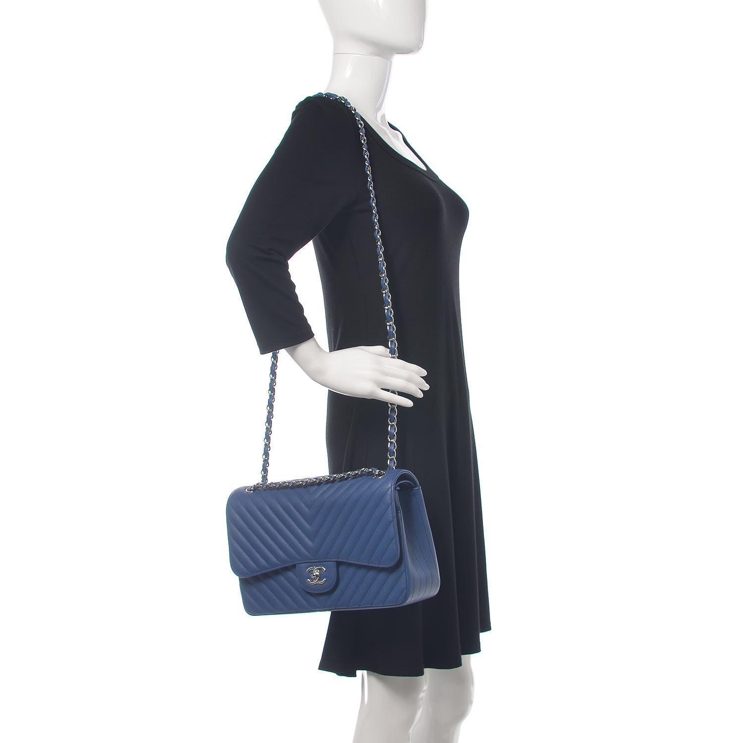 Chanel Caviar Chevron Quilted Jumbo Double Flap Blue 2 of 9