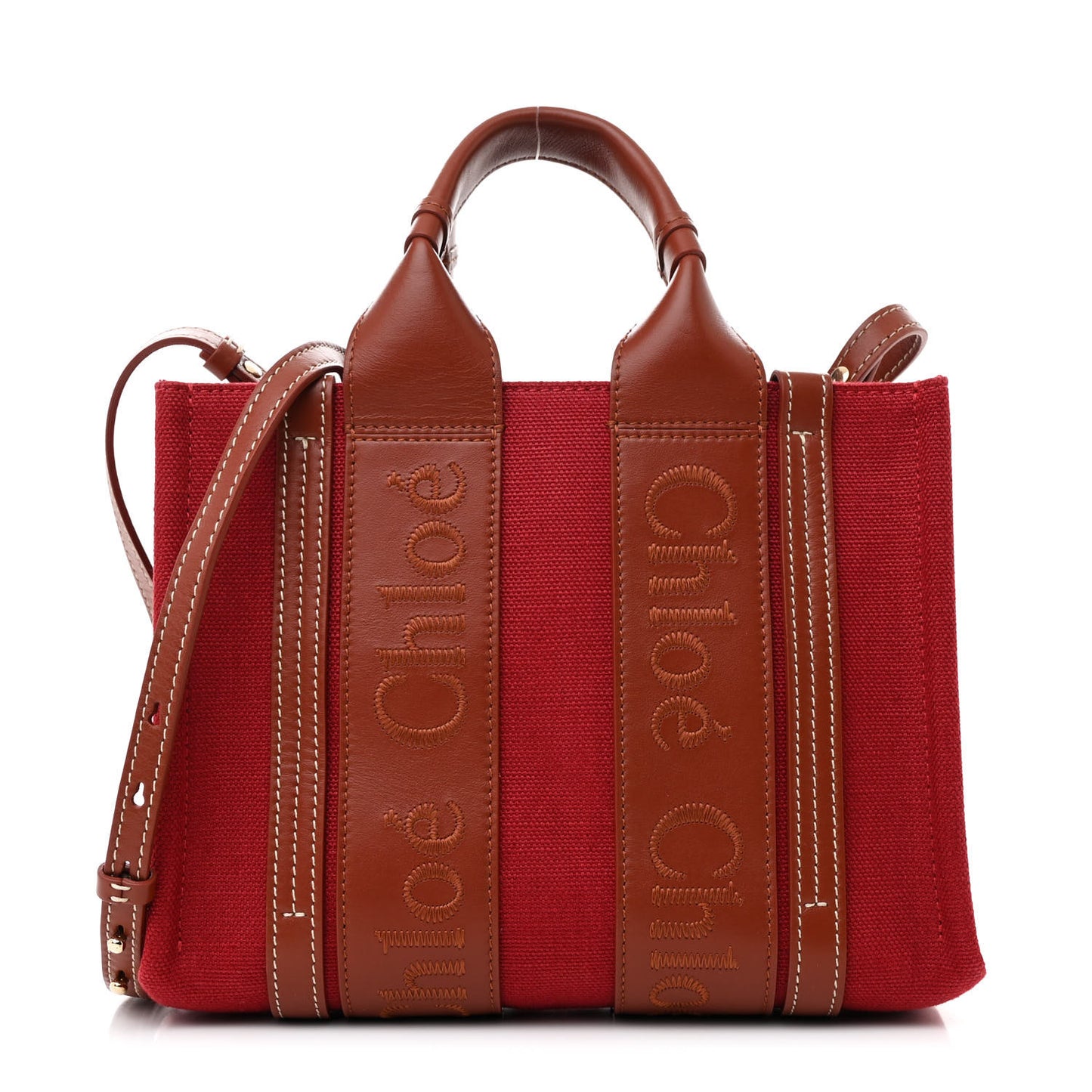 Cotton Calfskin Small Woody Ribbon Tote With Strap Dark Red