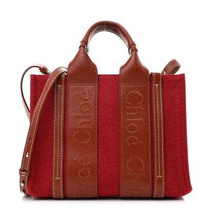Chloe Cotton Calfskin Small Woody Ribbon Tote With Strap Dark Red 1 of 10