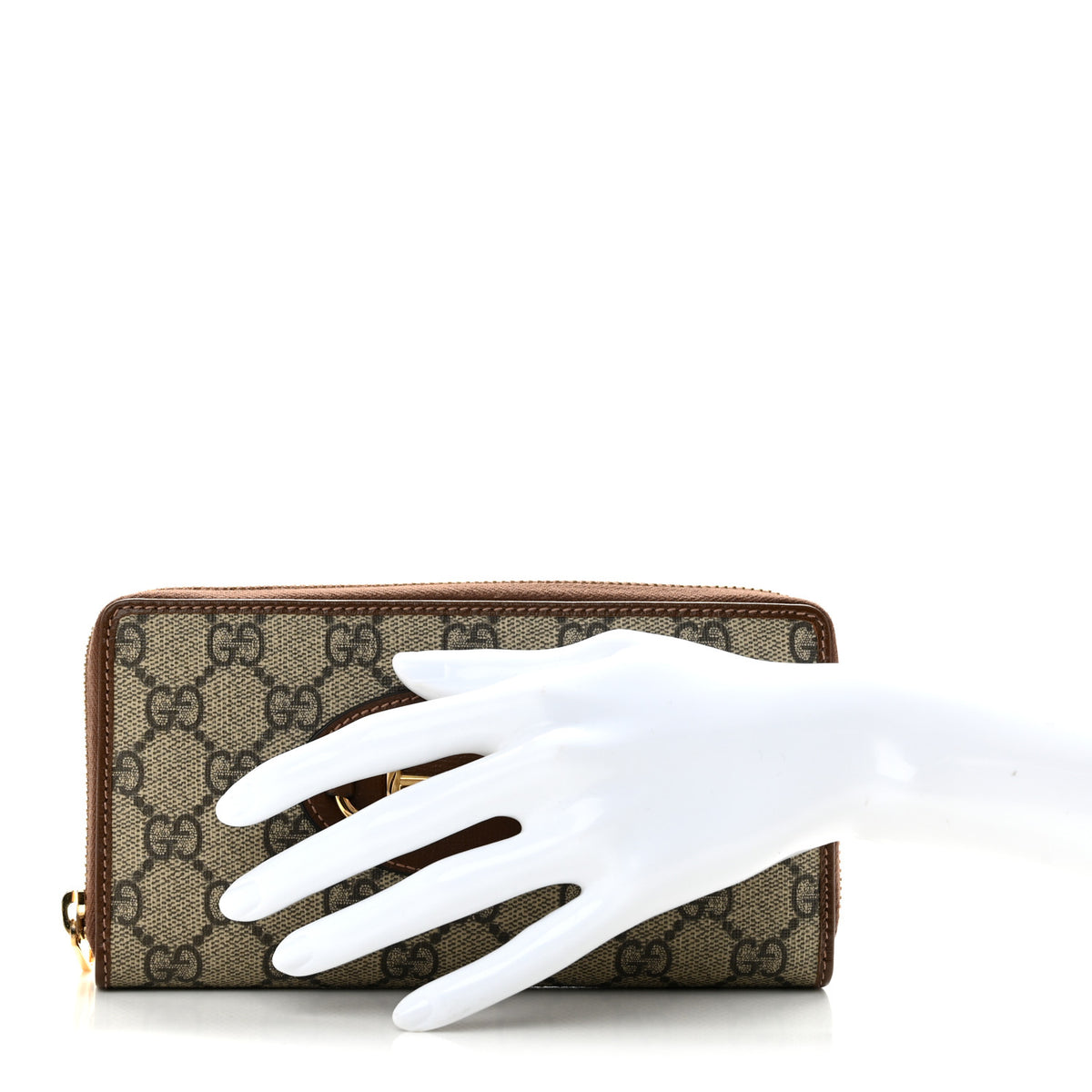 GG Supreme Monogram Azalea Calfskin Horsebit 1955 Zip Around Wallet Beige Ebony Brown Sugar